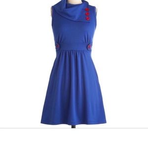 ModCloth Monteau Coach Tour blue dress with red buttons